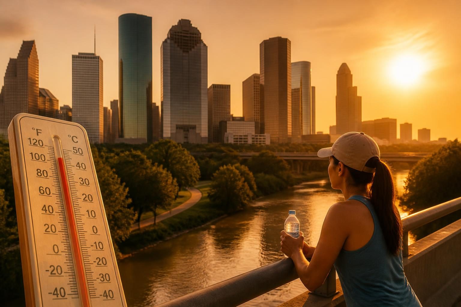 A hot, sunny Houston skyline during an August heat spell