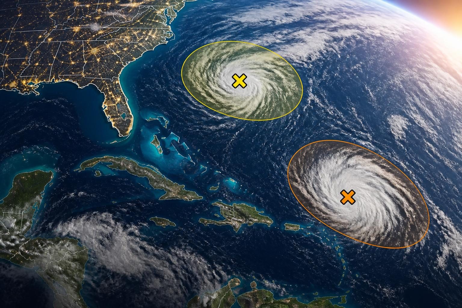 National Hurricane Center map showing two Atlantic areas monitored for possible tropical development