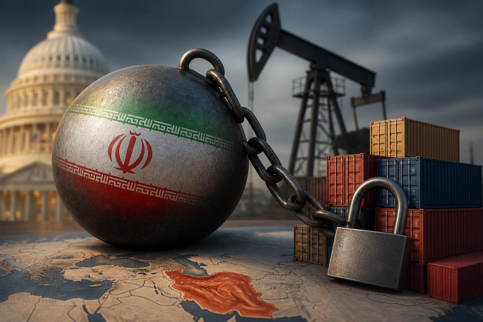 U.S. Treasury Department building and Iran flag representing sanctions policy