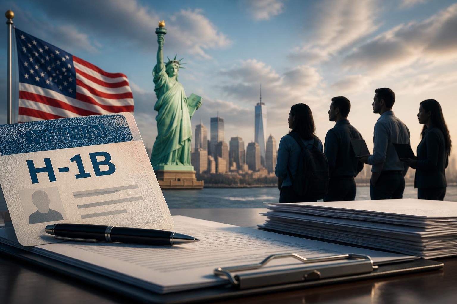 U.S. Capitol and immigration documents representing the proposed H-1B visa fee
