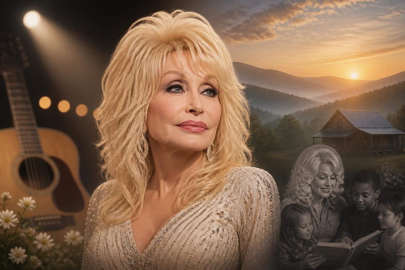 Dolly Parton performing onstage with a jeweled guitar