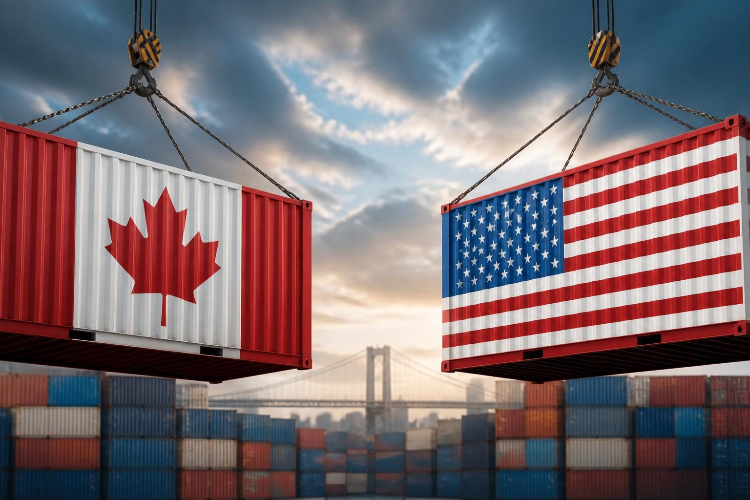 Shipping containers and trucks at a Canada-U.S. border crossing