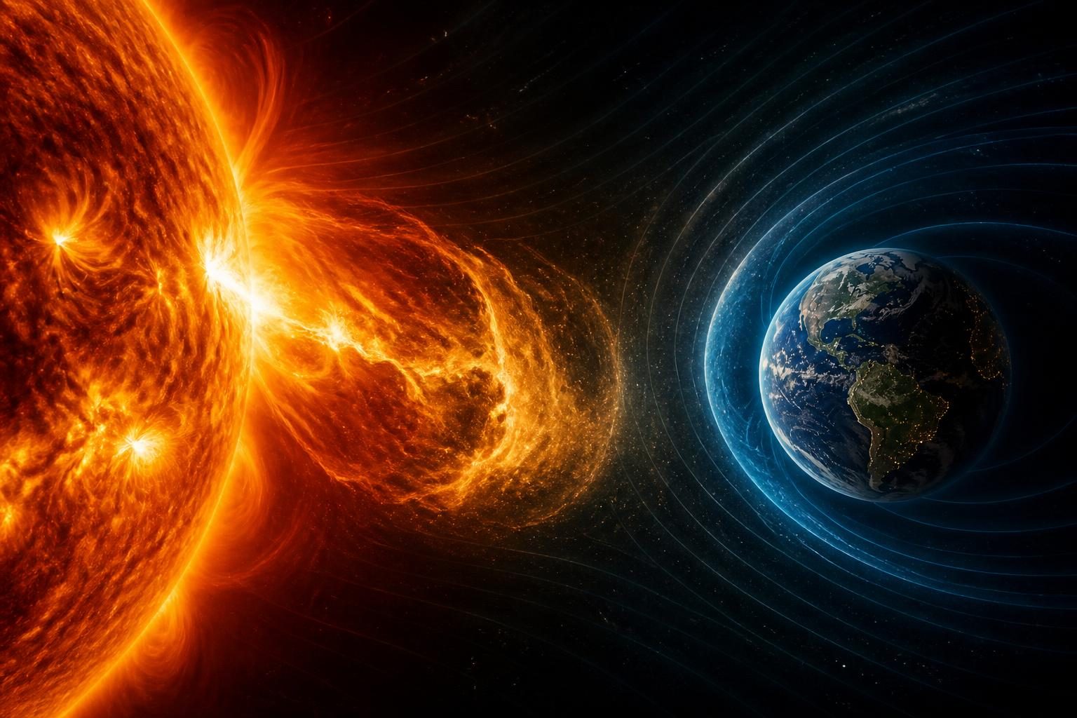 Illustration of a solar flare and coronal mass ejection leaving the sun