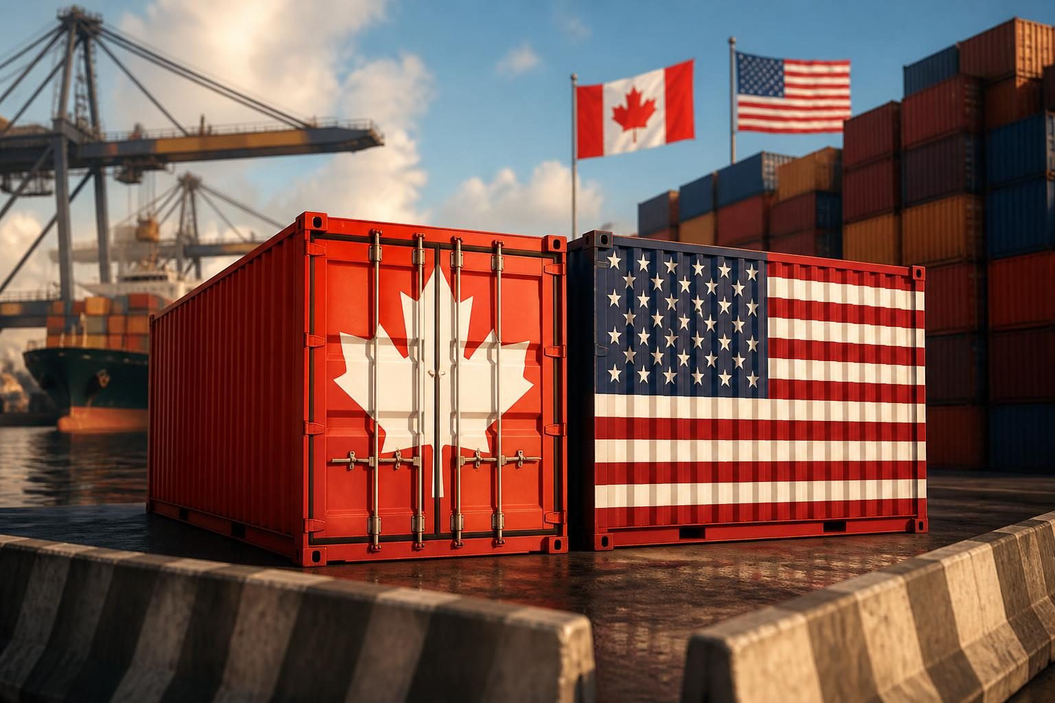 Canadian and U.S. flags outside a border crossing amid a tariff dispute