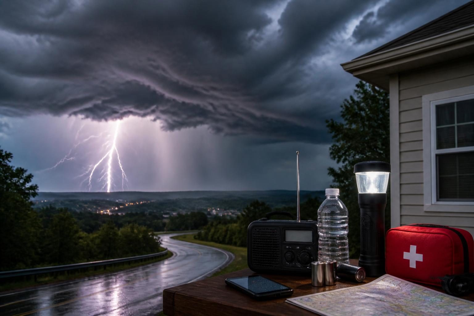 Dark thunderstorm clouds over a suburban road