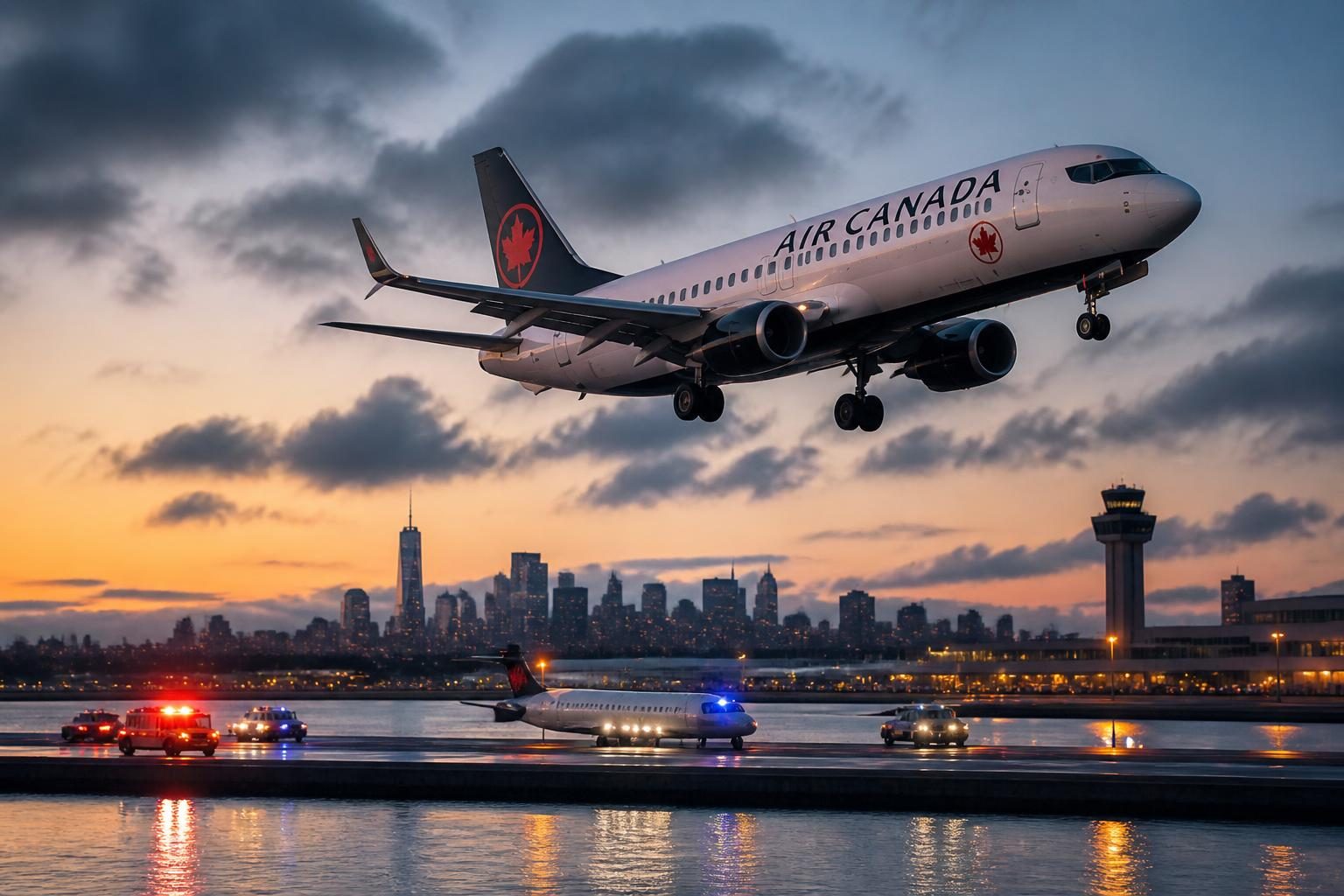 Air Canada Express regional jet after colliding with a firefighting vehicle at LaGuardia Airport