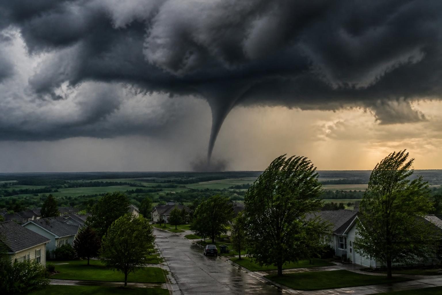 Severe weather warning map and storm clouds over Wisconsin