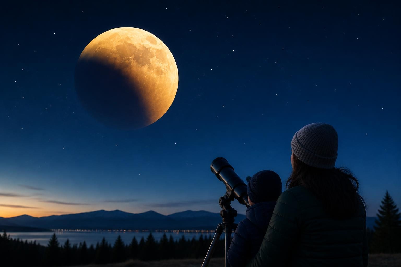 A partial lunar eclipse showing Earth's curved shadow crossing the full Moon