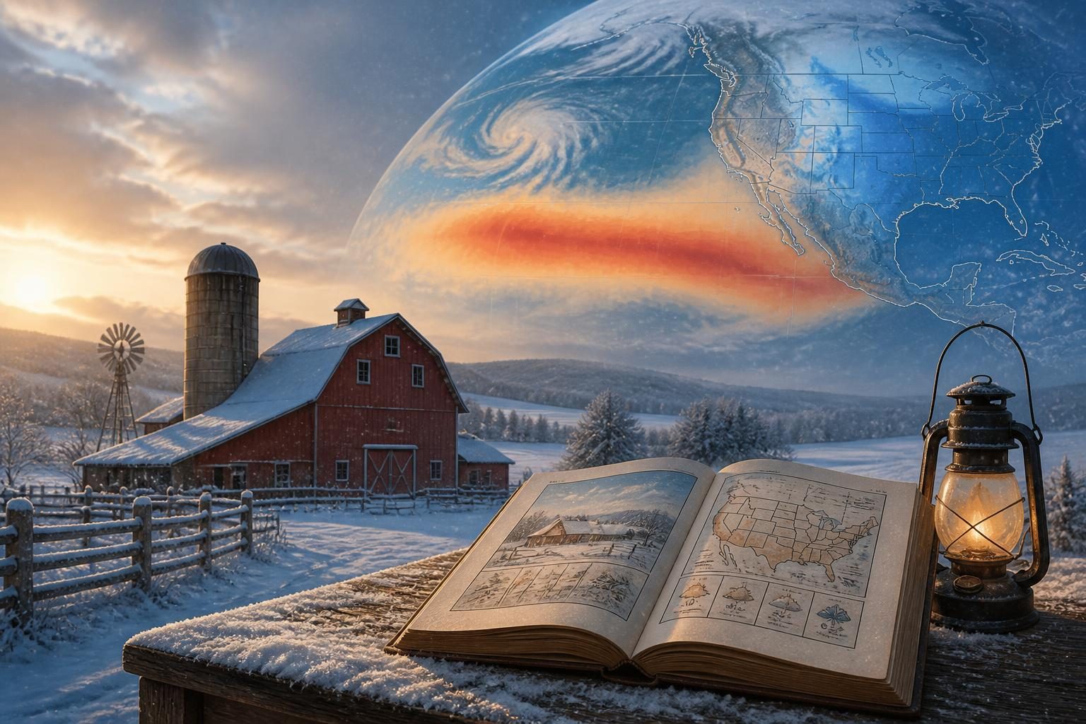 Snow-covered road and a Farmers’ Almanac beside a winter weather map